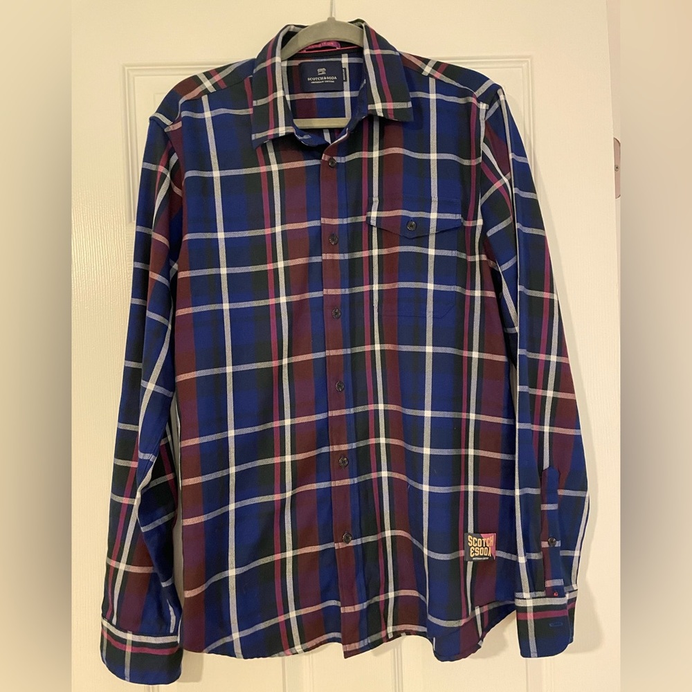 Scotch and Soda men’s size large button down shirt in maroon and blue plaid